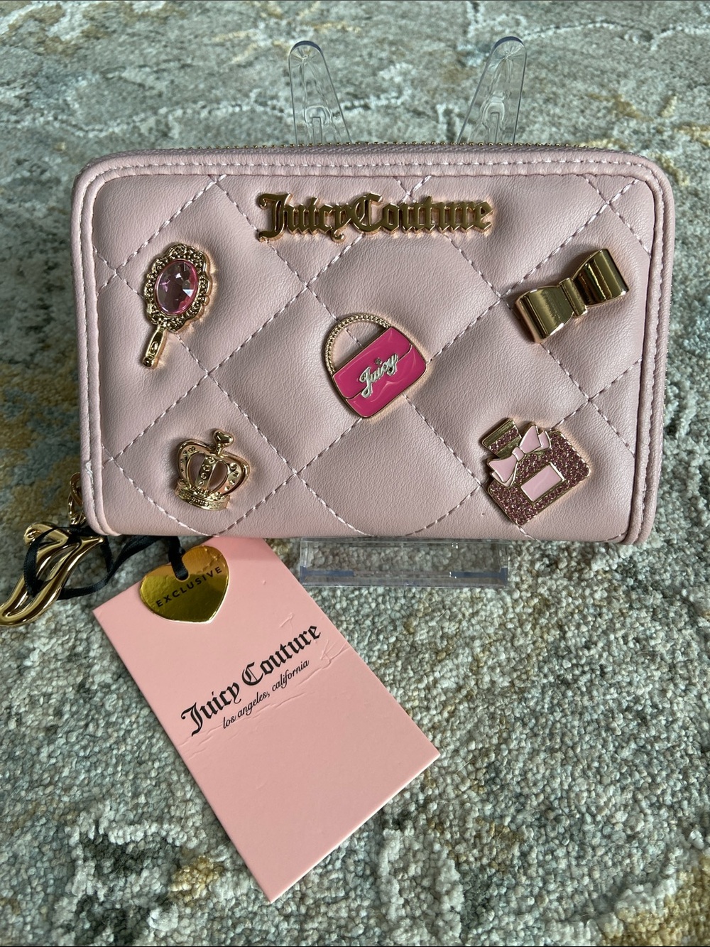 Juicy Couture Blush Pink Quilted Zip Card Holder with Gold Charms